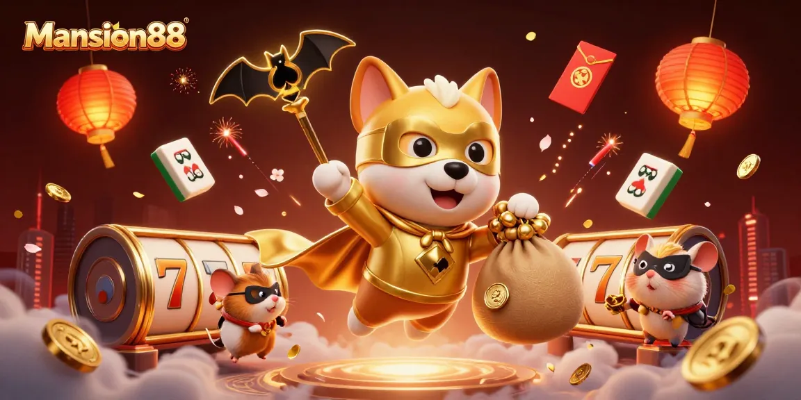 Mansion88 offers thrilling slot experiences as a superhero dog flies with gold coins amidst festive casino elements.