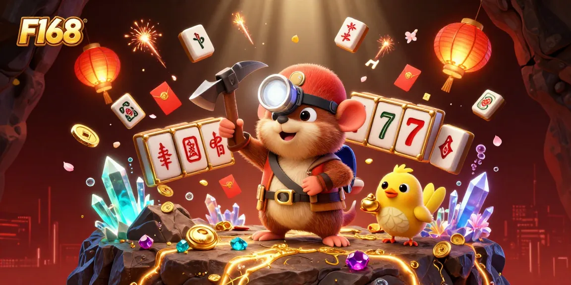 Experience the excitement at F168 with a vibrant 3D illustration showcasing a treasure hunter mole, gambling elements, and festive decorations.
