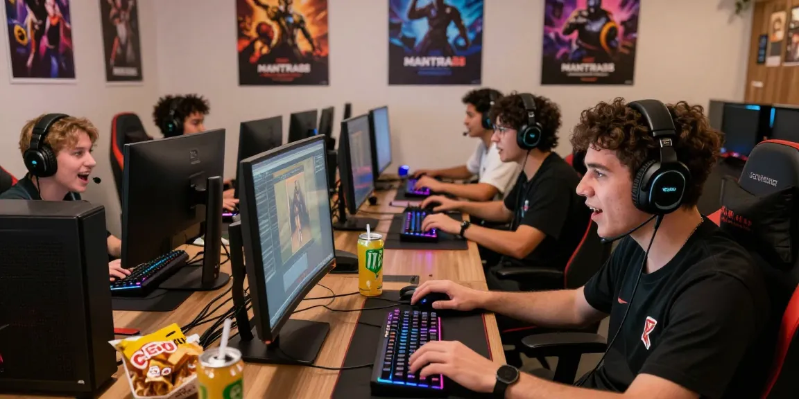 Engaged gamers enjoying the online platform mantra88 in a vibrant gaming lounge with modern gear and snacks.