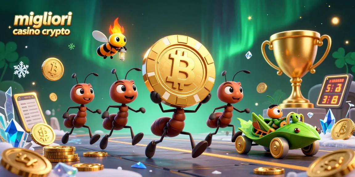 Gioca nei migliori casino crypto mentre un team di formiche in azione porta una fiches d'oro carica di emozioni!