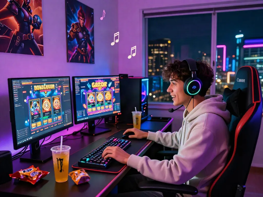 Engaged gamer enjoying slot gacor game in vibrant gaming setup with colorful LED lights.