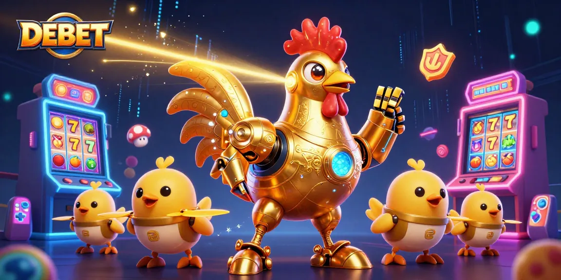 Engage with DEBET's dynamic gaming experience featuring vibrant slot elements and a futuristic golden rooster.
