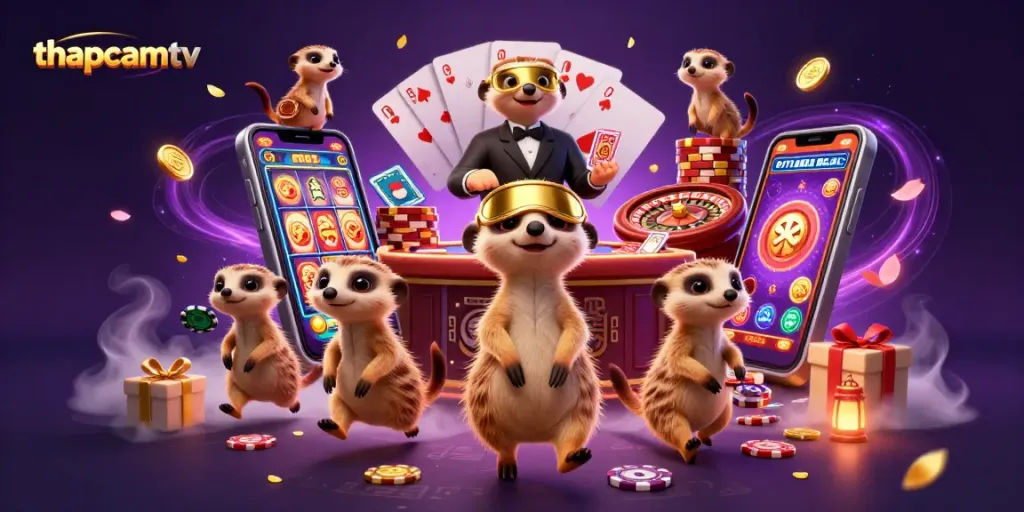 Experience thapcamtv's lively 3D meerkat casino scene with dealers, games, and vibrant gaming elements.