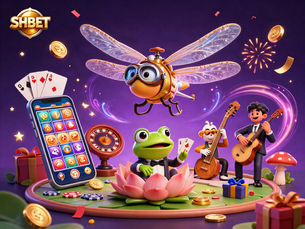 Engage with SHBET's vibrant 3D casino world featuring a dragonfly pilot, frog croupier, and jazz musicians.