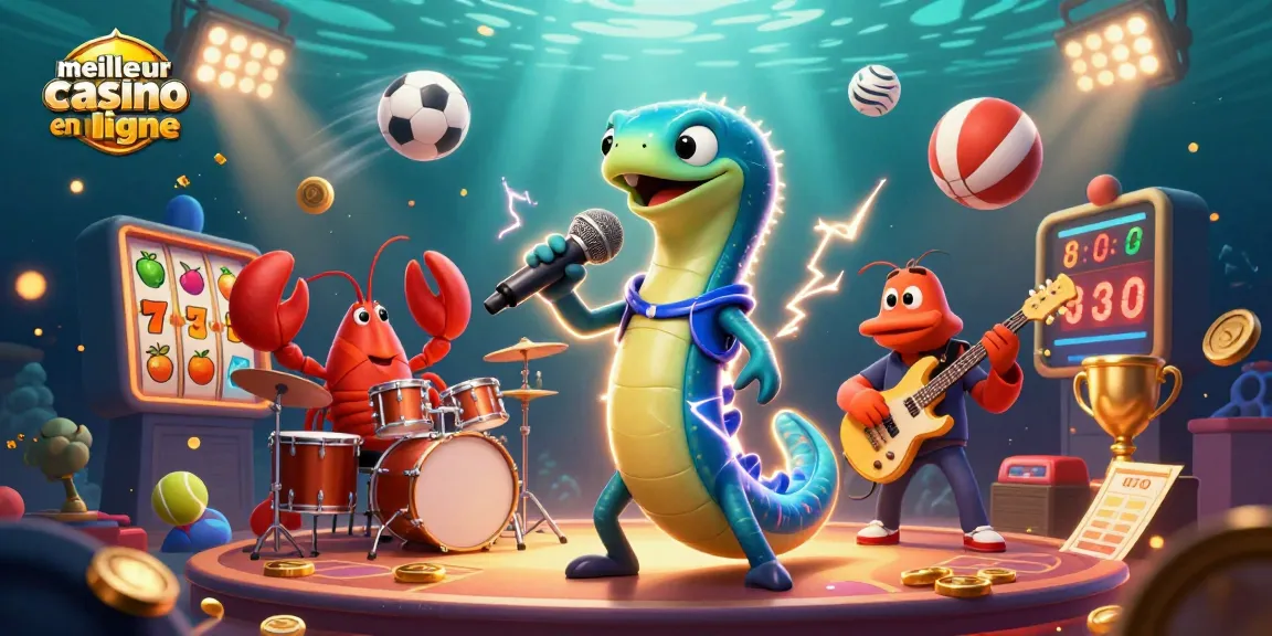 Visuel captivant du meilleur casino en ligne avec un anguille DJ, un drummer écrevisse et un guitariste hippocampe dans un décor aquatique.