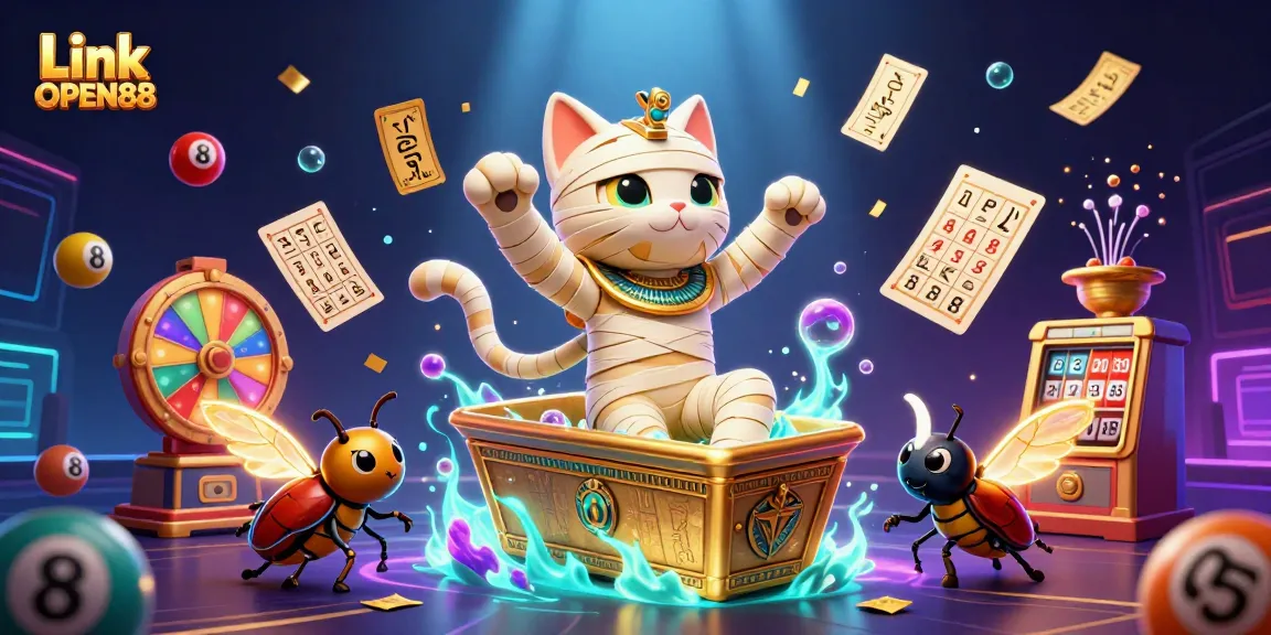 Enhance your gaming experience with Link OPEN88 in this colorful and dynamic casino scene featuring vibrant lottery elements.