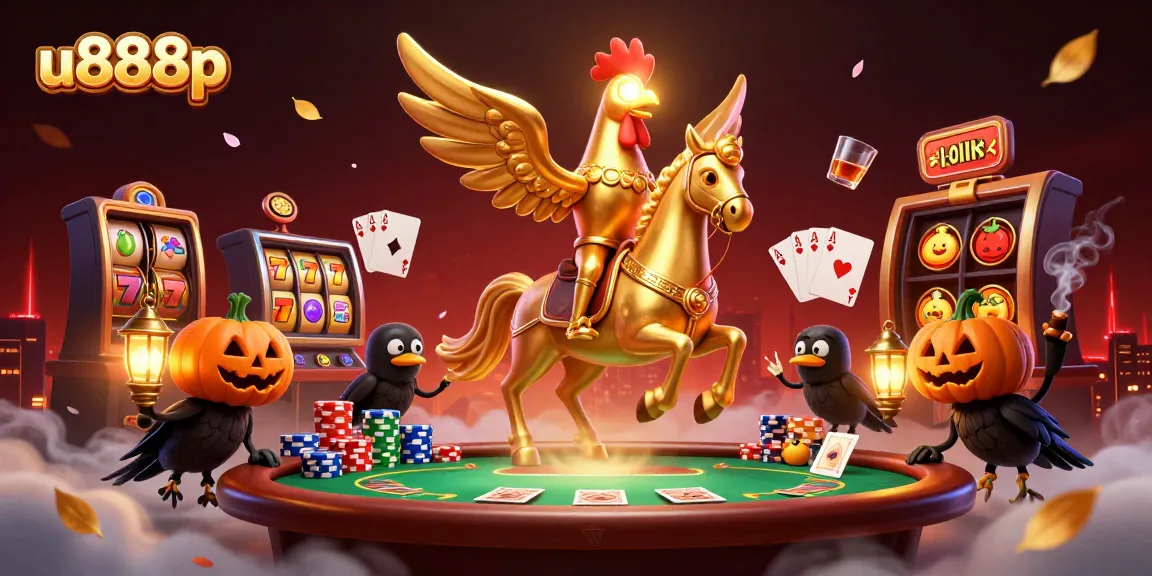 Join the excitement at u888p with a golden rooster and friends in a vibrant casino scene.